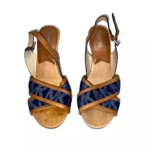 Michael Kors Blue Denim Sling Back Leather Wood Canvas Logo Heels Size 8M GUC